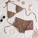 ZAFUL High Waisted Bikini Sets for Women with Boyshort Bathing Suit Triangle Top Colorblock Tie Back Swimsuit Brown, S