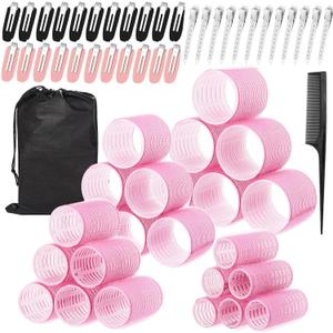 60 Pcs Hair Rollers for Women, Rollers Hair Curlers, 24 Pcs in 4 Sizes(60/48/36/25mm), Self Grip Hair Rollers Set with 34 Pcs Stainless Steel Clips for Long, Medium, Short, Storage Bag, Comb