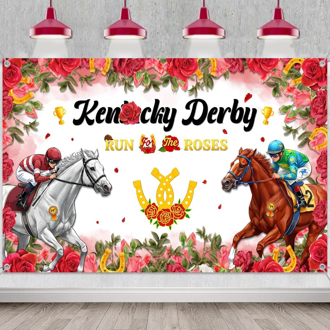 Derby Backdrop Party Decorations - Run for the Roses Horse Racing Banner Decor, Derby Party Background for Indoor and Outdoor 43 x 70.8 Inch