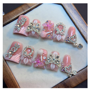 10Pcs Pink Duck Press on Nails Handmade Fake Nails 3D French Tip False Nails with Glitter Butterfly Flower Rhinestone Design Cute Acrylic Nails Press ons Artificial Holiday Glue on Nail for Women (S)