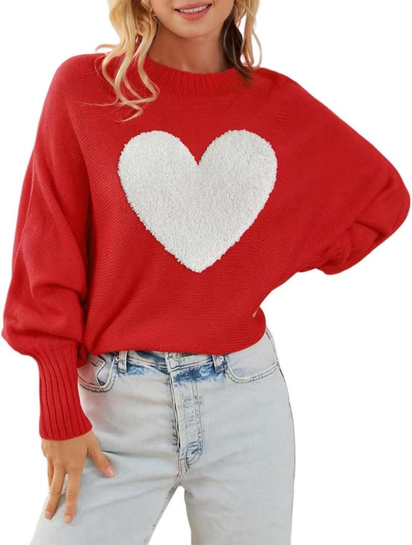 Womens Merry Christmas Sweaters Long Batwing Sleeve Sweater Loose Fit Pullover Top Sweaters (Small, Heart Red)