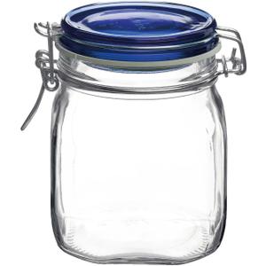 Bormioli Rocco Fido Square Jaw with Blue Lid, 25-1/4-Ounce, 149520M04121197 (25.25 fl oz, Clear)