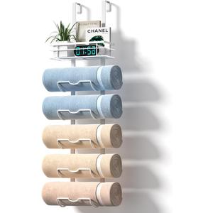 6-Tier Over The Door Towel Rack,Towel Racks for Bathroom, Metal Towel Holder with Storage Basket,Towel Rack for Rolled Towels,Bathroom Shelves,White