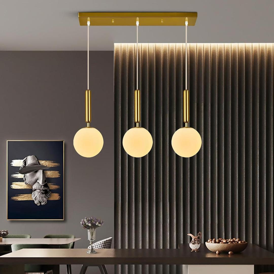 Modern Gold Pendant Light Hanging Fixture Light for Kitchen Island Mid Century with Globe Pendant Light Milk White Glass Pendant Lighting for Living Room Bedroom Entryway (3-Light), 1-Pack Straight 3-Light