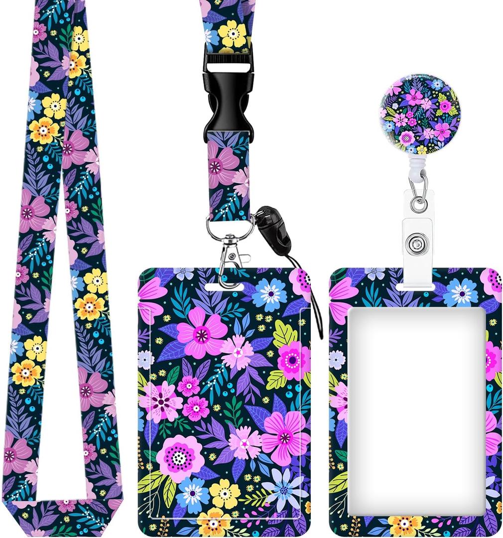 ID Badge Holder with Retractable and Detachable Lanyard, Cute Badge Reel Breakaway Lanyard with Carabiner Clip for Women, Teachers, Nurses, Students, Perfect Work and Office(Flower Purple)