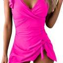 One Piece Swimdress Tummy Control Ruffle Swimsuit for Women Tie Knot Swim Dresses V Neck Bathing Suit Skirt 2XL