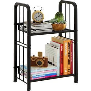 Bookshelf Storage Shelf Bookcase Freestanding Storage Stand for Living Room, Bedroom, Kitchen, Rust Resistance, Easy Assembly Free Combination Multi-Functional Organizer (2 Tiers, Black)