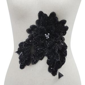 Beaded Appliques Handcrafted Sequin Clothing Accent 3D Lace Beads Flower Patches Sew on Tiny Sparkling Floral Accessory DIY Sequin Craft (Bead Black)