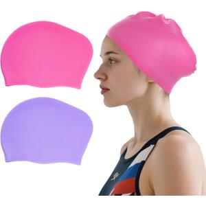 2 Pcs Extra Large Swimming Cap for Long Hair Swim Cap for Women Silicone Waterproof Swim Hats Bathing Caps to Keep Hair Dry for Women Adults Youths (Light Purple and Light Pink)