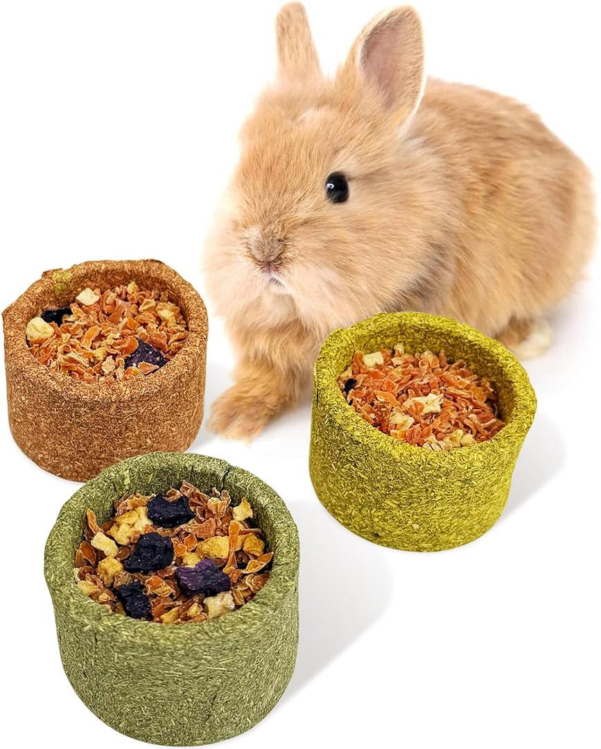 3 Pack Natural Guinea Pig Treat Toys Timothy Hay Chewing Bowl with Food Small Animal Molar Toys Timothy Grass Rabbit Toys for Bunny Chinchilla Hamster Gerbil Rat