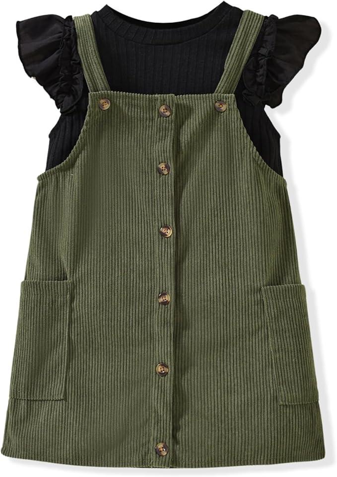HINTINA 5T Toddler Little Girl 2 Pieces Spring Summer Outfits Ruffle Butterfly Sleeve Tee Shirt Army Green Corduroy Button Down Overall Pinafore Dress Set Fall Clothes Clothing Suit 5-6 Years