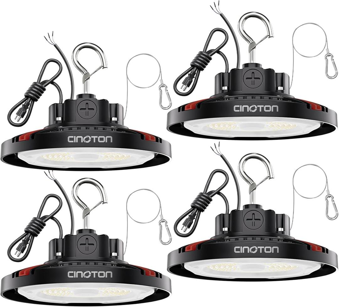 CINOTON UFO LED High Bay Light, 160W Switchable, AC100-277V LED Shop Lights with US Plug, 24000LM Dimmable 0-10V Commercial Bay Lighting for Garage Workshop 5000K Daylight-UL Listed, 4 Pack (Red)