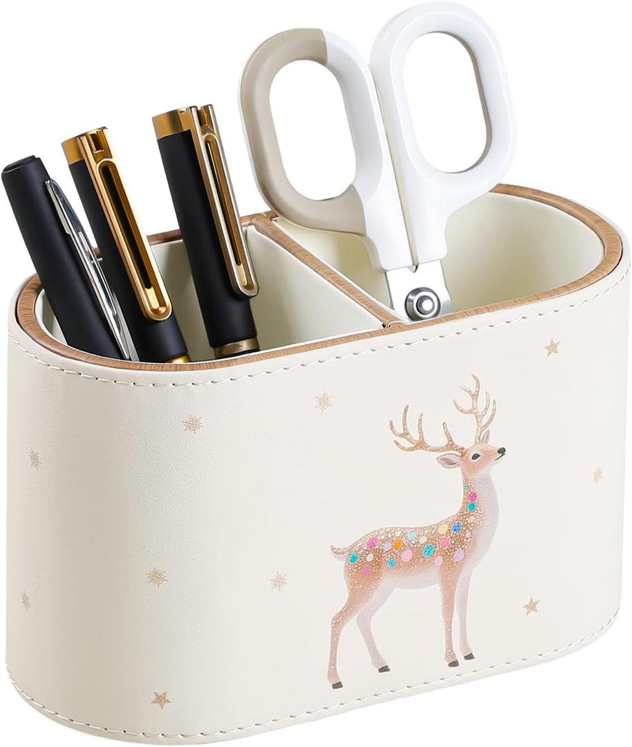 Christmas Pen Holder for Desk, PU Leather Pencil Holder for Desk with 2 Compartments for Home Office Supplies, Christmas Decorations Pencil Cup Desk Organizer (Reindeer)