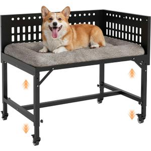 Beside Dog Bed,2 Panels Adjustable Height Dog Bunk Beds,35.4”x23.6” Metal Frame & Cushion, Converts to Bunk Bed or Bed Extension Attachment for Human Bed, for Medium Dogs