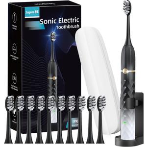 Sonic Electric Toothbrush Set, Equipped with 10 Brush Heads and Travel Case, IPX8 Waterproof, 2-Minute Timer, 42000 High-Frequency Vibrations, 5 Modes, The First Choice for Gift Giving, Black White