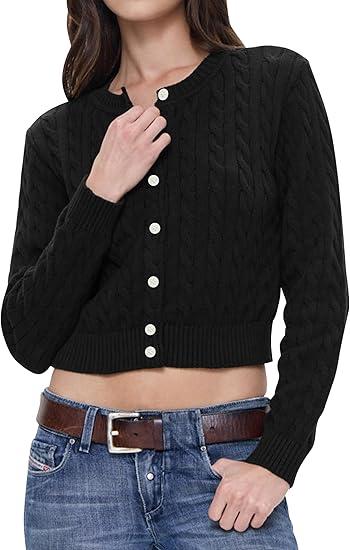 Balimtoy Women Cable Knit Cardigan Cropped Long Sleeve Crewneck Button Down Sweater Cardigans Cute Y2k Fall Jacket Black XL