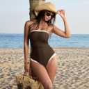 SUUKSESS Women Sexy One Piece Tummy Control Swimsuit Strapless Bandeau Slimming Halter Swimwear 2025 Colorblock Backless Bathing Suit (Brown, Small)