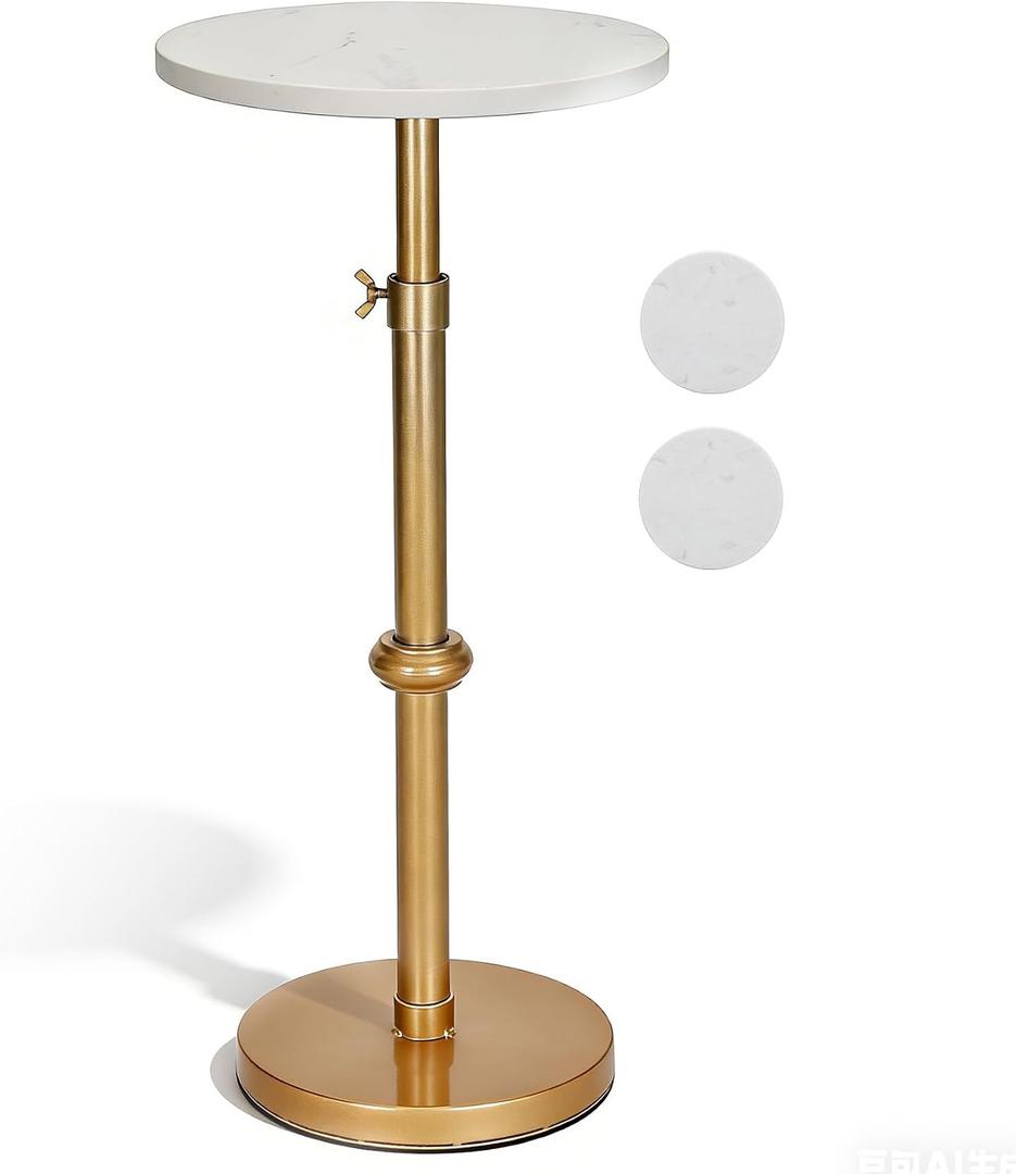 Adjustable Height Marble Drink Table, 10 x 10 x 22-31 Inches, White Marble & Antique Brass Metal Martini Table for Small Spaces, Living Room, Bedroom and Balcony, Comes with 2 Coasters