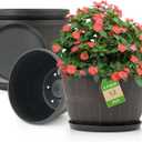 Quarut 12 Inch Large Planter Pot for Plants Indoor Outdoor, 4 Pack Plastic Flower Pots with Drainage Hole & Tray, Modern Decorative Garden Pot with Saucer, Plant Container for HouseBrown