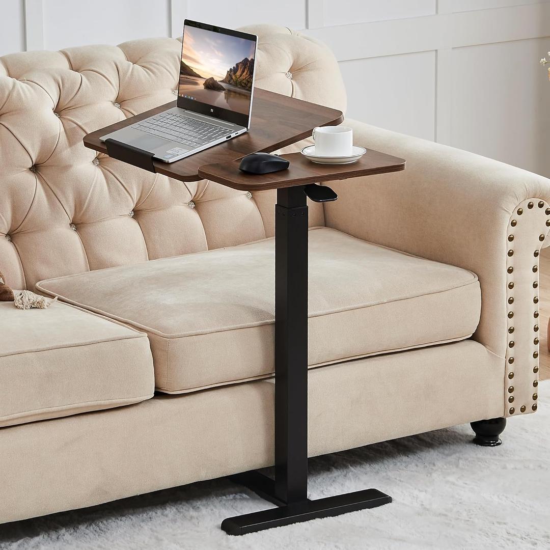 Height Adjustable Overbed Table with Tilting Top, Standing Desk Hospital Bed Table Bedside Sofa Side Table, 16" D x 28" W Right Hand Movable Overbed Table with Hidden Wheels, Walnut Brown