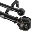 KAMANINA 1 Inch Double Curtain Rods for Windows 36 to 72 Inches (3-6 Feet), Black Heavy Duty Double Curtain Rod, Telescoping Drapery Rod with Netted Texture Finials