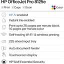 HP OfficeJet Pro 8125e Wireless All-in-One Color Inkjet Printer, Print, scan, Copy, ADF, Duplex Printing Best-for-Home Office, 3 Month Instant Ink Trial Included, AI-Enabled (405T6A)