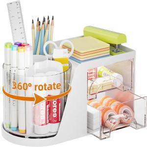 Marbrasse Desk Organizer with 2 Drawer, 360Rotating Pen Holder, Desk Organizers and Accessories with 6 Slots Pencil Organizer + 2 Drawer, Art Supply Storage Box Caddy for Office (White)