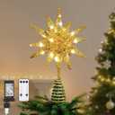 Lewondr Christmas Tree Topper, Plug in 3D Starburst Xmas Lighted Star Tree Topper, Remote Control & Timer Light Up Vintage Moravian Tree Topper for Christmas Decoraiton, Warm Light, Champagne Gold