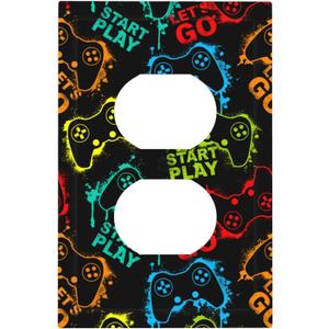 Gaming Outlet Cover Plate, 1-Gang Duplex Receptacle Video Game Controller Graffiti Decorative Wall Plate, Modern Edge Wall Plate, Matching Screws Included, 5.0" x 3.0"