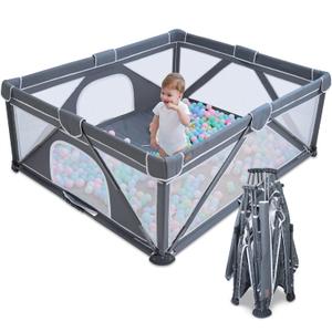 Yobear Foldable Baby Playpen (59"x59") - Portable Play Yard for Babies and Toddlers with 50 Ocean Balls, 2 Pull Handles & Carry Bag - Easy Setup Safe Indoor Outdoor Kids Activity Center (Dark Grey)