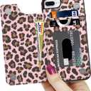LETO for iPhone 8 Plus Case,iPhone 7 Plus Case,Flip Folio Leather Wallet Case Cover with Flower Designs for Girls Women,Card Slots,Protective Phone Shell Champagne Leopard