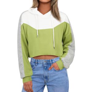 FAIRY SEASON Women Cropped Hoodies Long Sleeve Oversized Hooded Sweatshirt Color Block Crop Top Shirt Y2K Workout Pullover (Medium)