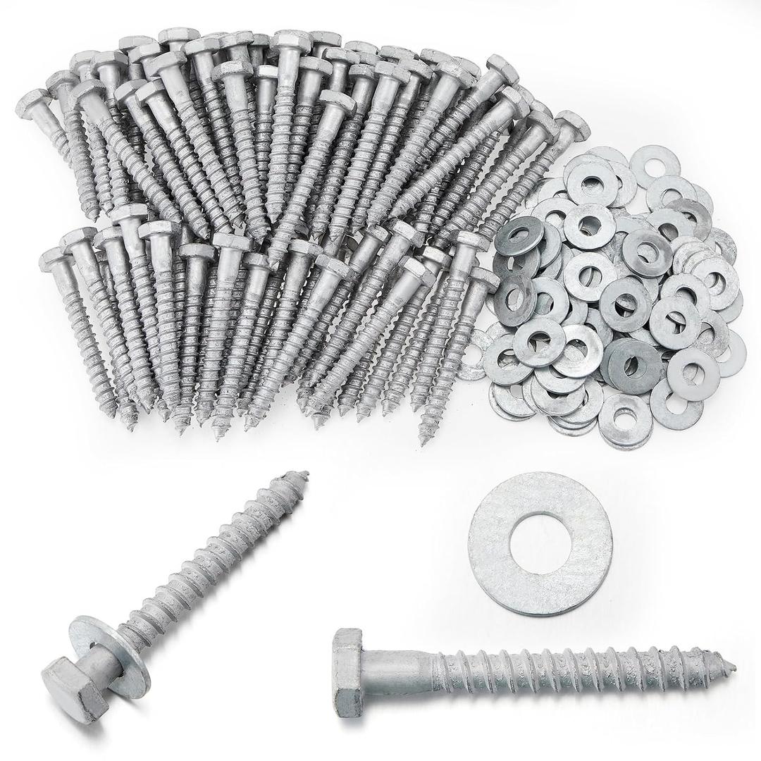 Hicarer 100 Pcs 3/8" x 3" Lag Bolts Kit Hex Head Lag Screws with Washers for Wood Hot Dip Galvanized Heavy Duty Screws Kit for Wood, Deck, Furniture, Boat Repair