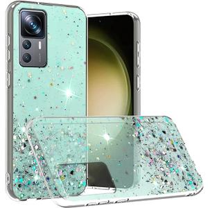 Compatible with Xiaomi 12T Pro Case Glitter Clear Green, Phone Case for Xiaomi 12T Pro Silicone Transparent Soft TPU Women Girls Shockproof Protective Slim Cover (Green)