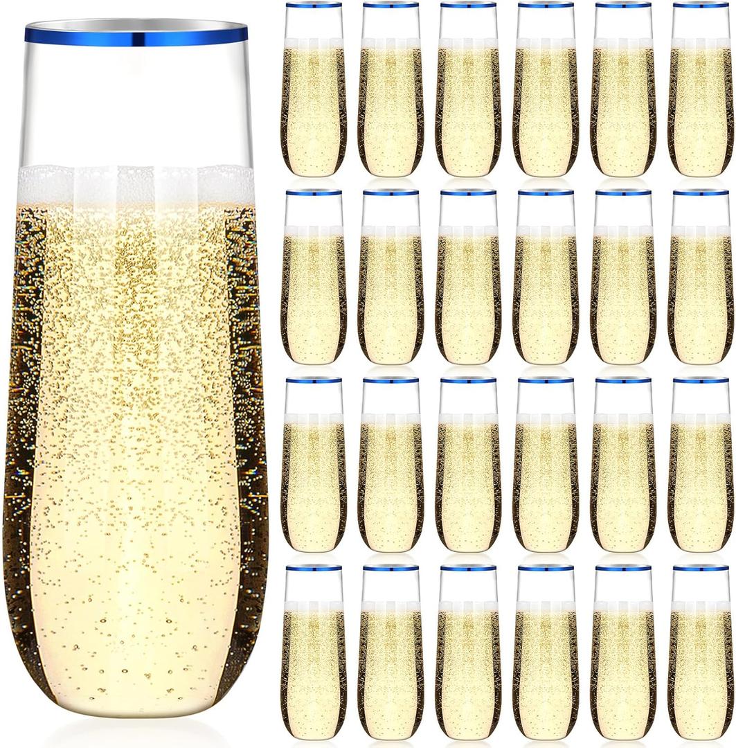 Norme 24 Pcs 9 oz Plastic Champagne Flutes Stemless Plastic Champagne Glasses Shatterproof Mimosa Glasses Rim Wedding Toasting Flutes Unbreakable Disposable Clear Champagne Cups for Party (Blue)