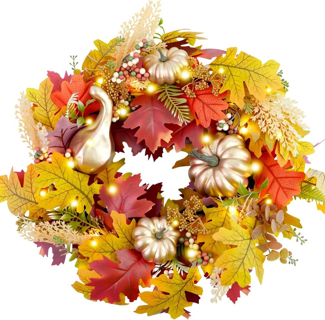 Fall Wreaths for Front Door,Sunflower Autumn Wreath with Lights,Pumpkins and Bows,for Thanksgiving Halloween Farmhouse Indoor Outdoor Outside (Golden Pumpkin)