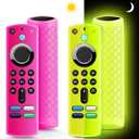 (2 Pack) Fire Stick Remote Cover 3rd Gen with Alexa Voice Remote,Fire TV Remote Cover Glow in The Dark, Anti Slip Shockproof Silicone Protective Case with Lanyard(Glow Yellow&Not Glow Rose Red)