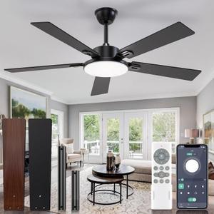 Ceiling Fans with Lights,52 inch Ceiling Fan with Light and Remote,6 Speeds,Reversible,3CCT,DimmableNoiseless,Black Ceiling Fan for Bedroom,Living Room,Study