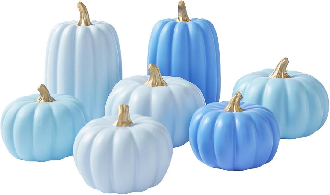 WDS WONDROUS Fall Pumpkin Decor Set of 7 Thanksgiving Decorative, Artificial Fake Blue Pumpkins with Gold Stems Decorations for Home, Resin Pumpkins Set Harvest Gender Reveal Mantel Table Centerpiece