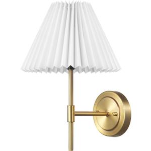 GLOBE 1-Light Wall Sconce, Matte Brass, White Pleated Fabric Shade, E12 Base Socket, Candelabra Bulb, Living Room Lighting, Home Essentials, Dcor, Bedroom, Mounted Bedside Lamp (Gold, White Pleated Shade)
