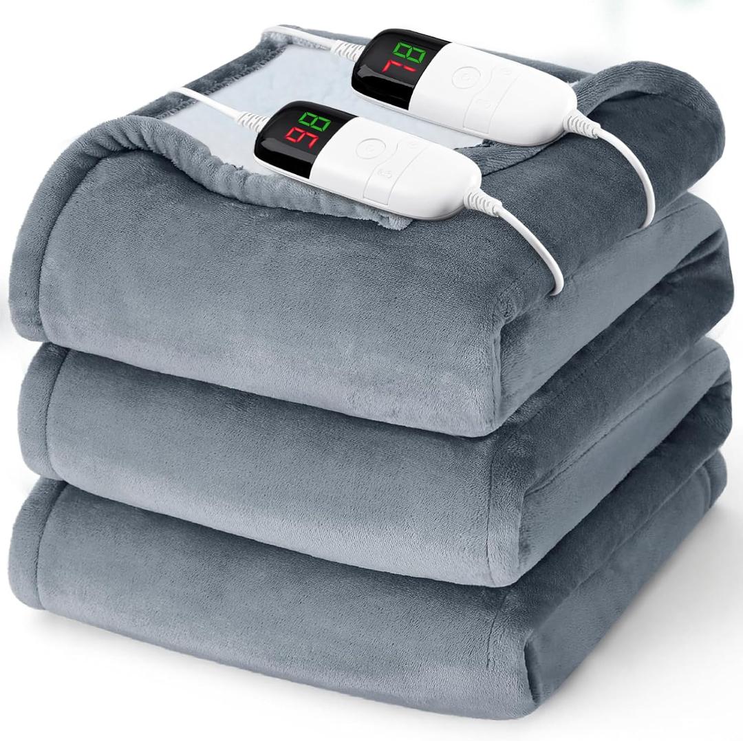 Heated Electric Blanket Queen Size - 84" x 90" Heating Blanket with Dual Control, 10 Heating Levels & 8 Hours Auto Off, Soft Warm Flannel Blanket, Christmas Birthday Gifts for Senior Grandma (Ash Gray)
