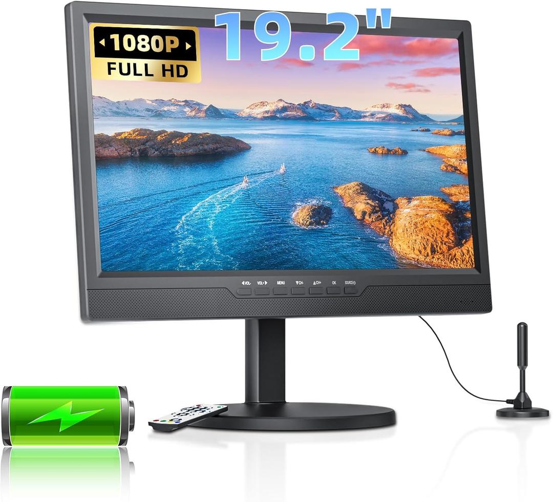 NORTHING 19.2" Portable TV for Camping with 8500mAh Built-in Battery, Round Bracket,1080P LCD TV with Detachable Antenna, HDMI, USB, AV Inputs, AC/DC, and Remote Control