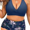 Yonique Women's Plus Size Bikini High Waisted Swimsuits Two Piece Bathing Suits Tummy Control Swimwear (Blue Flower, 14 Plus)