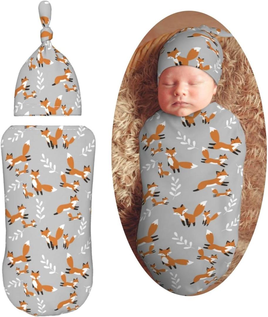 Cute Foxes Leaves Gray Newborn Swaddle Blankets Hat Sets Soft Baby Receiving Blanket Swaddle Sack for Baby Shower Infant Boy Girl Gift (One Size, Multicolor21)