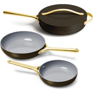 Caraway 4-Piece Fry Pan Set - Non-Stick Frying Pans (10.5 & 8) & Non-Stick Saut Pan - Non Toxic, PTFE & PFOA Free - Oven Safe & Compatible with All Stovetops (Gas, Electric & Induction) - Black