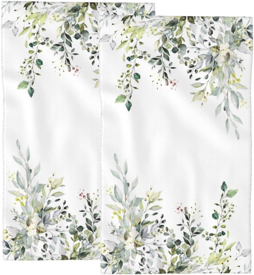 Spring Green Leaves Flora Hand Towels for Bathroom Set of 2, Eucalyptus Branches Soft Highly Absorbent Face Towel, Microfiber Hand Towels for Kitchen Bath Dish Towels Hotel Spa Gym Home Decorations