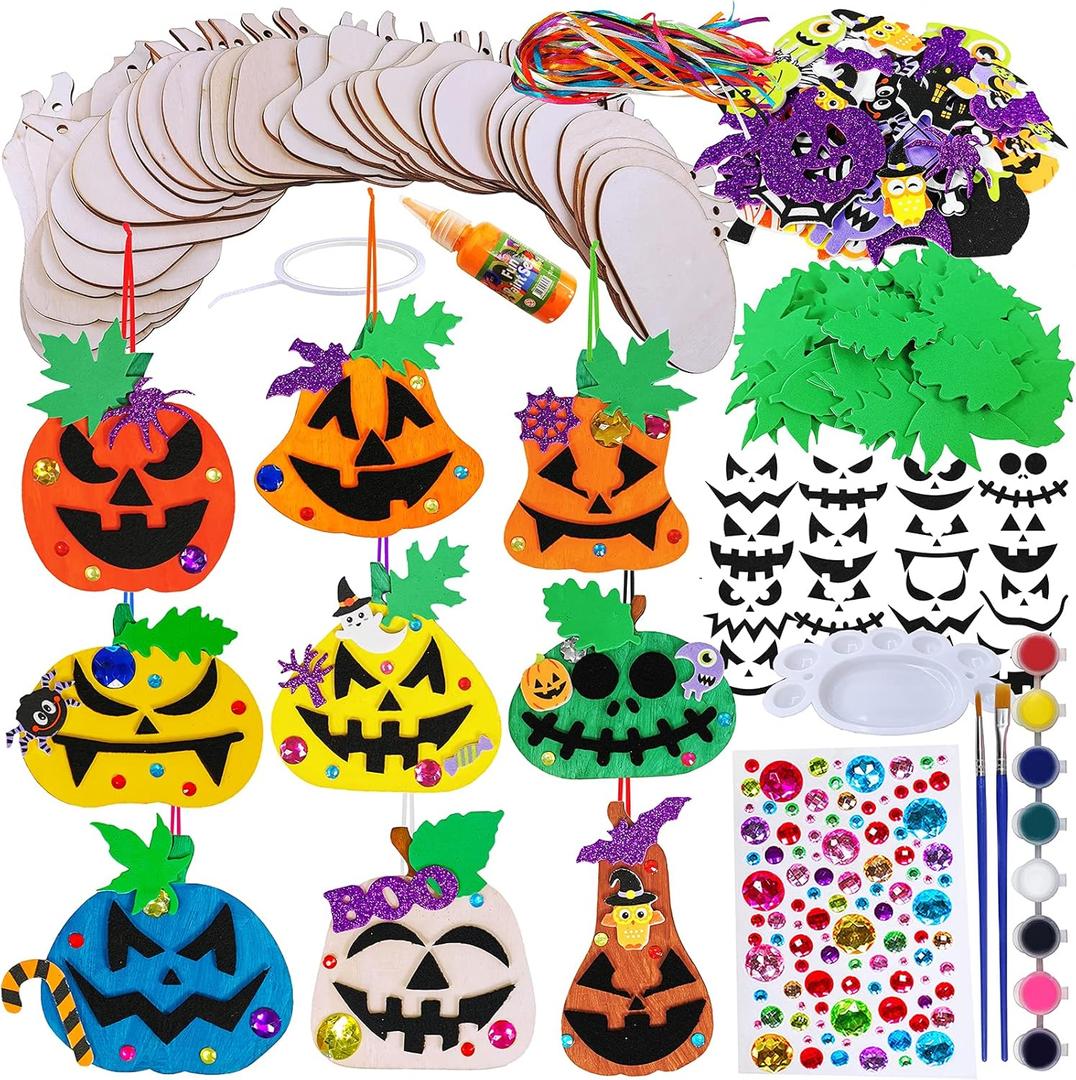 Winlyn 63 Sets Halloween Craft Kits Fall Crafts DIY Wooden Pumpkin Ornaments Decorations Art Sets Unfinished Wood Pumpkins Halloween Stickers for Kids Art Project Home Classroom Party Activities