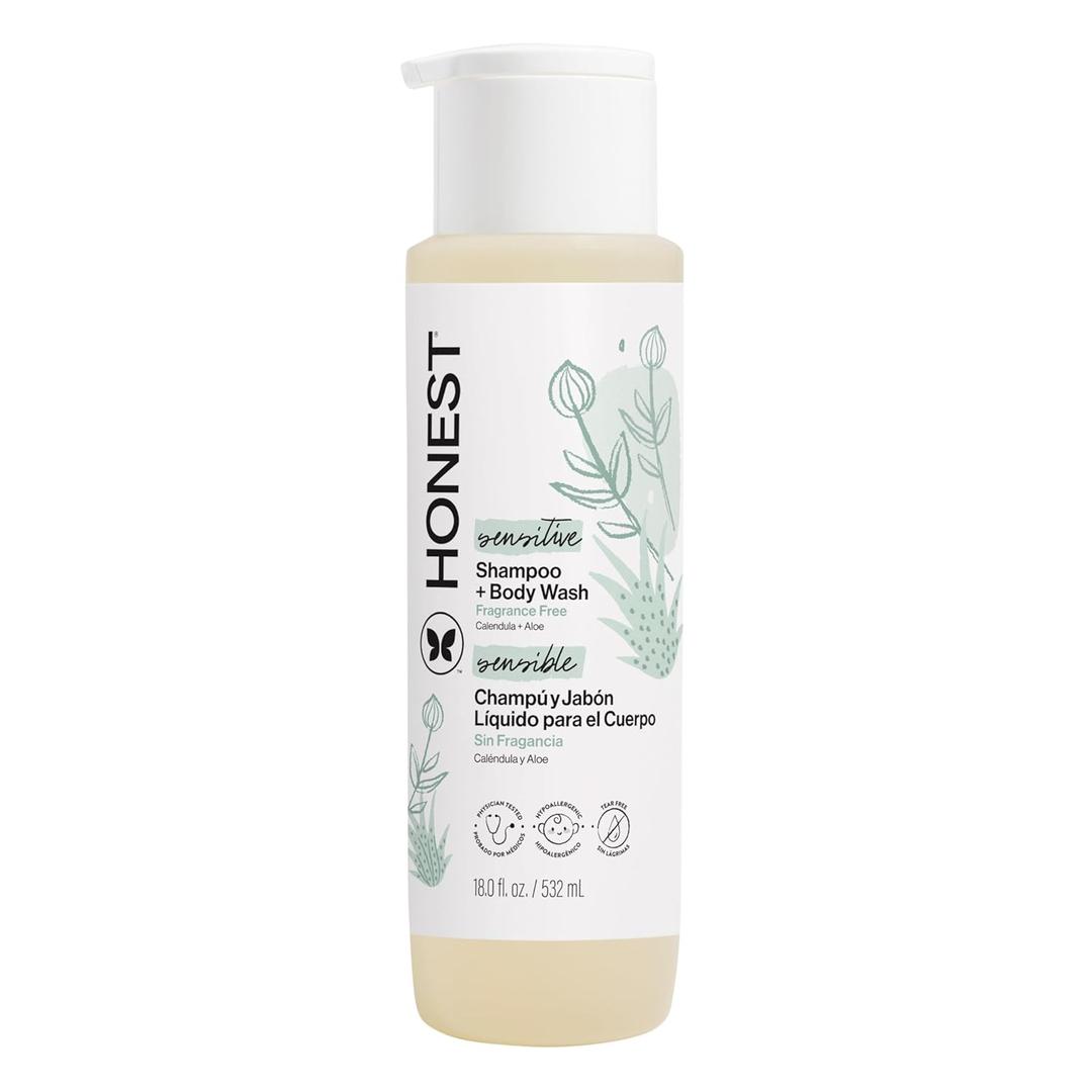 The Honest Company 2-in-1 Baby Shampoo & Body Wash, Fragrance-Free, Gentle, Tear-Free, Hypoallergenic, Naturally Derived, Sensitive Skin, 18 fl oz