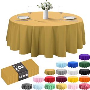8 Pack Plastic Tablecloth 84" Disposable Table Cloths for 6 to 8 Foot Tables Round Table Cover for Parties (Gold, Round)
