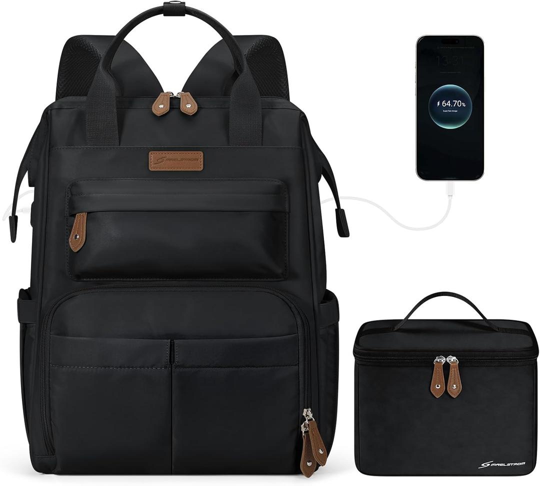 Maelstrom Travel Backpack for Women Men,Laptop Backpack Fits 15.6-17.3 Inch Laptop, Nurse/Work Bag with Insulated Lunch Box (Black) (Standard)